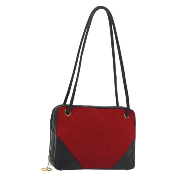CHANEL V Stitch Shoulder Bag Cotton Red Gold CC Auth 140715 - Picture 1 of 16